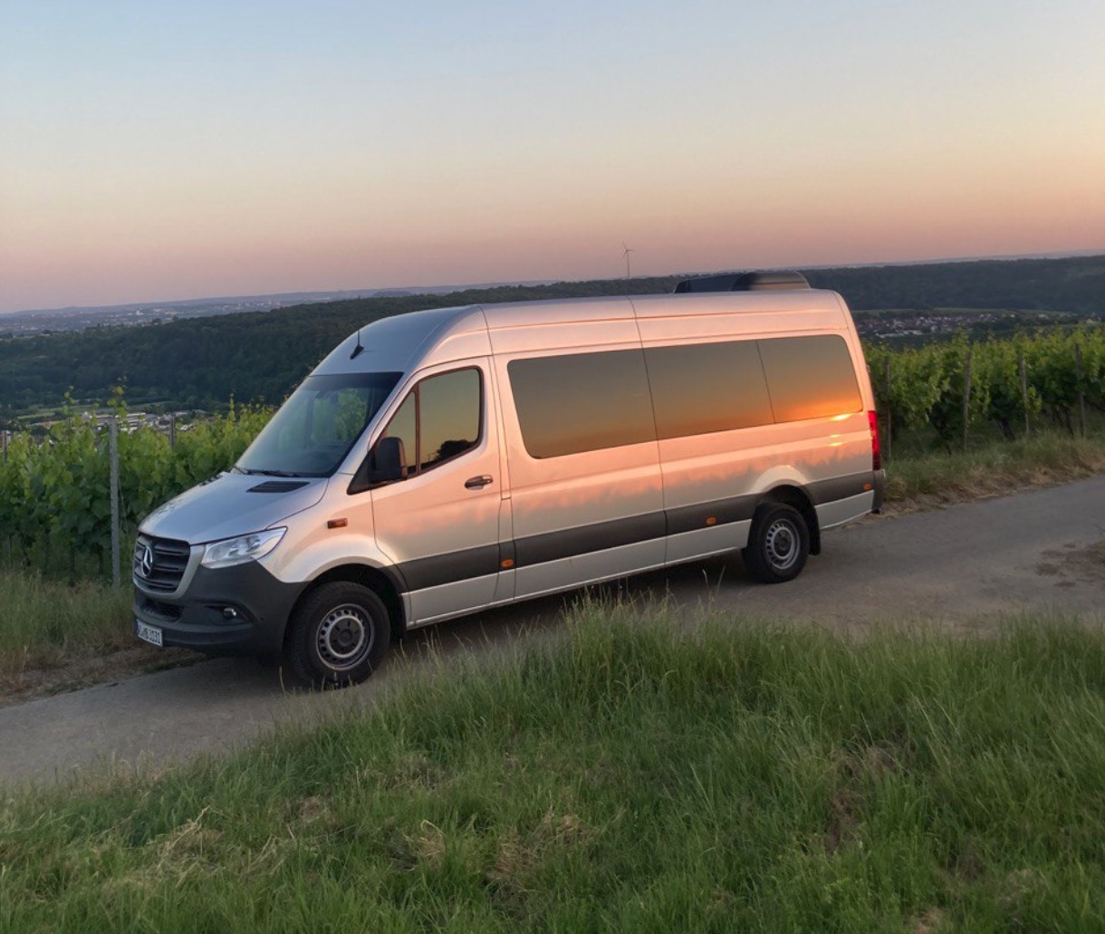 Mercedes-Benz Sprinter passenger van rental in Stuttgart, Germany — interior and exterior view