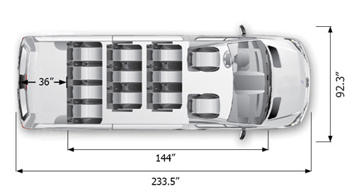 12 seater Mercedes Sprinter 144 inches wheelbase with high roof dimensions seating configuration