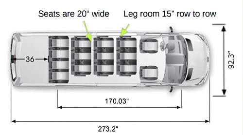 15 seater Mercedes Sprinter with high roof 170 wheelbase dimensions seating configuration