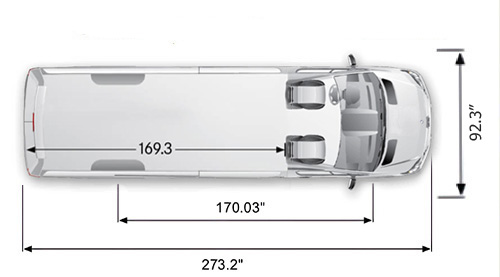 Mercedes Benz Sprinter Cargo van 170 wheelbase with high roof dimensions seating configuration
