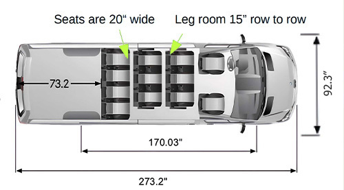 Mercedes Sprinter 12 seater 170 inches wheelbase with high roof dimensions seating configuration